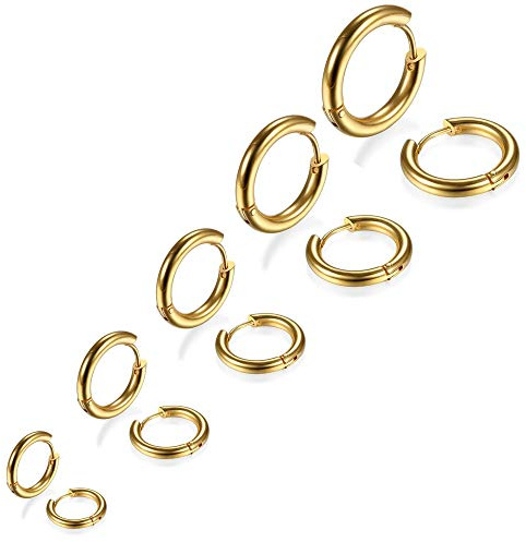 5 Pairs Gold Tone Stainless Steel Stud Earrings for Men Women 8-16mm Stainless Steel Metal