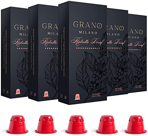 Grano Milano Ristretto Decaffeinato Coffee Capsules - 50 Pods Compatible with Nespresso Original line, Medium Roast - Intensity 10/12, Espresso Coffee Capsules Made in Italy