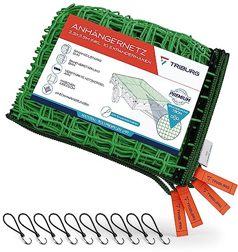 TRIBURG Filet de remorque 2,5x3,5 INCL. 10x Crochets extenseurs - Filet de remorque avec marquage des Coins et renforcement des Bords INCL. 10x tendeurs en Caoutchouc avec Crochet