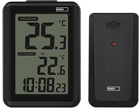 EMOS Digitales Thermometer mit drahtlosem Außensensor, Innen- und Außenthermometer und Hygrometer, Hintergrundbeleuchtung, Anzeige Min. und Max. Messwerte, Wecker mit Snooze-Funktion, Batteriebetrieb