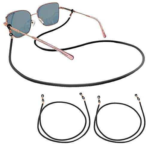 GERNEO® Toulouse – Premium läderglasögonband och glasögonsnöre – dubbelpack i svart och rosa guldhållare – slätt läderutseende, unisex, PU-glasögonsnöre för läsglasögon och solglasögon, svart, En Storlek