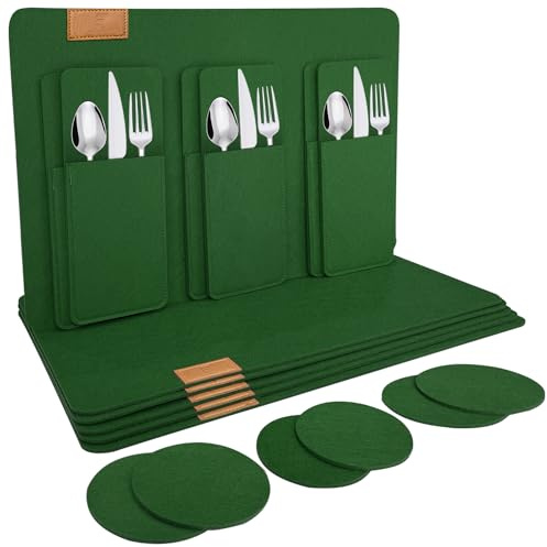 shinfly Lot de 18 Sets de Table en Feutre lavables (44 x 32 cm), 6 Dessous de Verre en Feutre, 6 Sacs à Couverts, Set de Dessous de Table, Dessous de Verre, Assiettes – Vert foncé