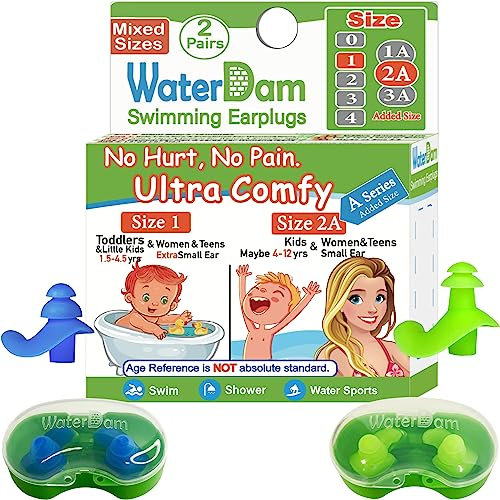 WaterDam Ultra-bequeme, wasserdichte Schwimm-Ohrstöpsel verhindern das Ohr des Schwimmers (Größe 1 + 2A: kleines Ohr, Damen, Teenager, Kinder (Blaugrün)