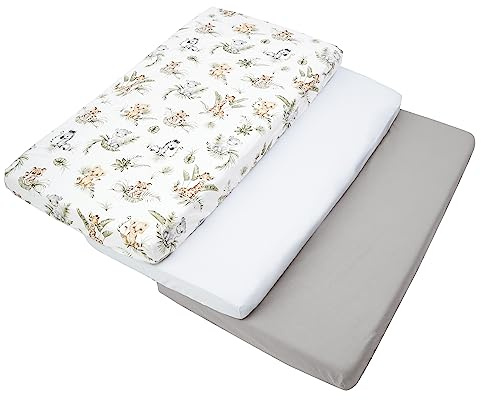 Medi Partners Sabana Bajera Cuna 60x120 Set de 3-100% Algodon Sabanas de Algodón Bebe Ropa de Cama para Bebés Dormir Cuna Fitted Bed Sheet Protector (Safari-Blanco-Gris)