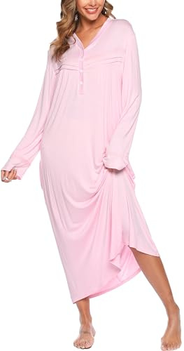 Sopesil Chemise de Nuit à Manches Longues pour Femme Col en V Chemise de Nuit Douce et Ample Pyjama Boutonné avec Poches Vêtements D'intérieur S-XXL