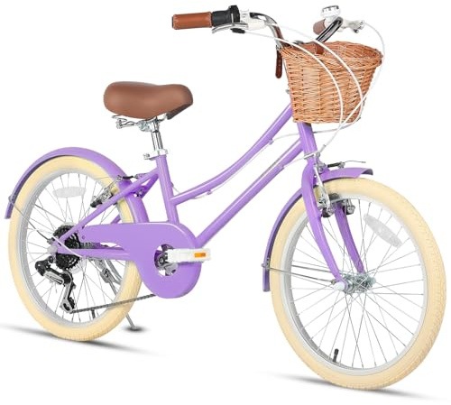 Glerc Missy Bicicleta Híbrida para Niñas de 20 Pulgadas, Bicicleta Urbana para Adolescentes de 6 Velocidades, para Jóvenes de 6, 7, 8, 9, 10, 11 y 12 años, con Cesta de Mimbre, Color Morado.