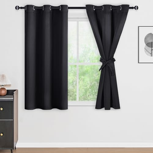 DWCN Black 100% Blackout Curtains 45 Inches Long with Black Liner, Double Layer Thermal Insulated Privacy Protection Noise Blocking Window Drapes with Tiebacks for Small Window, W42 x L45, 2 Panels