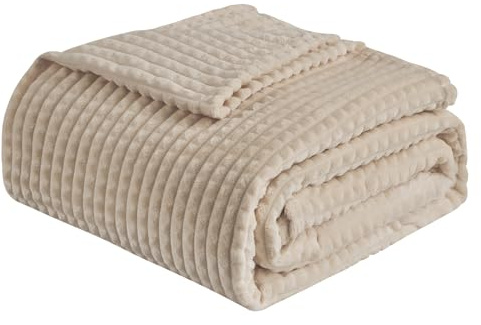 EMME Fleece Blanket Queen Size Luxury Flannel for Couch Bed Sofa Chair, Soft, Plush, Warm and Cozy Blanket with 3D Geometric Grid Design (Beige, 80'' x 90'')