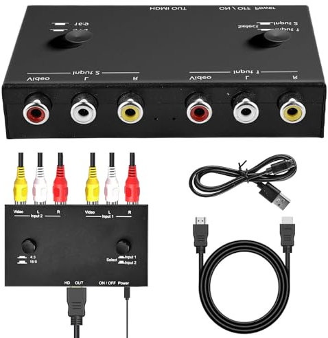 HOSPAOP RCA auf HDMI Konverter - Dual AV zu HDMI Adapter, Wii HDMI Adapter, Unterstützung 1080P 60Hz, 16:9/4:3 für WII/N64/PS 1/PS2/PS3/STB/Xbox/VHS/VCR/DVD ect.