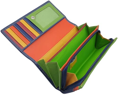 myledershop Große Rind-Nappa Leder Damen Geldbörse/Geldbeutel/Portemonnaie/Geldtasche mit RFID & NFC Schutz Mehrfarbig (Blau)