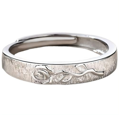 NicoWerk Ring Silber 925 Damen - Filigraner Silberring mit Rose-Design, schmal und matt, verstellbarer Bandring 925 Silber für Frauen - Blume - SRI1047