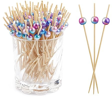 NIEITRK 100 Piques Apéritif en Bois avec Perles Colorées Brochettes Réutilisables pour Cocktail, Noël et Fêtes Pic Aperitif Bois, Brochette en Bois Écologique, Pic à Brochette Festif