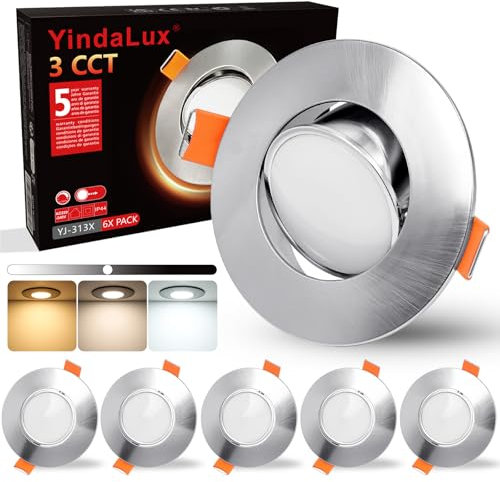 YindaLux LED Einbaustrahler 230V Dimmbar Schwenkbar Einbauspots 5W IP44 LED Spot 68-80mm Lochmaß Deckenspots Warmweiß Neutralweiß Kaltweiß Einbauleuchten für Badezimmer Wohnzimmer Küche Nickel 6er Set