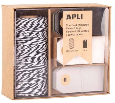APLI 19844 - Gift Box: cuerda negra y blanca con etiquetas de 3 colores surtidos, Set bobina algodón con 30 etiquetas regalo colgantes