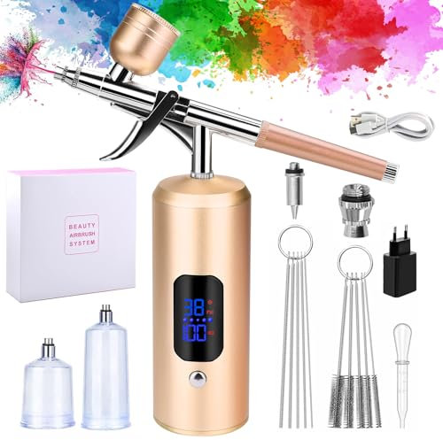 Daakro Airbrush Set, Spritzpistole mit Kompressor 38PSI Kabelloses Airbrush-Kit, Kuchendekoration, Nagelkunst, Tattoos und Gesichtsbemalung (Gold)