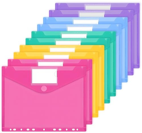 JEFURE A4 Dokumententasche 10 Stück, 5 Farben Dokumentenmappe, Wasserdichte Mappen mit 11 Löchern, Klettverschluss und Etikettentaschen, Durchsichtige Dokumentenhüllen für Dokumente Organisiere