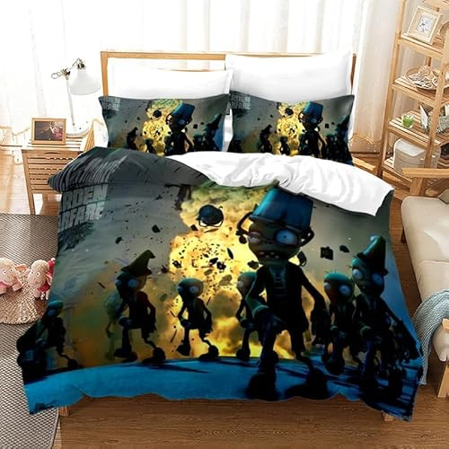 YINGD Plants Vs. Zombies Bedding Set Cartoon Bed Covers Duvet Cover Pillow Case 3 Pieces Sets Cute Room Decoration Gift for Children