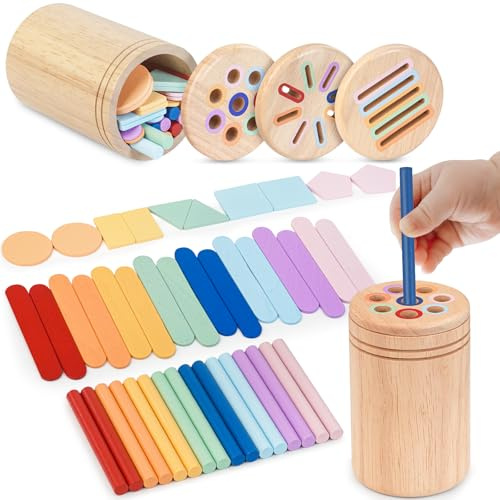 Akosuntoys Montessori Toys for 1 year old, 3 in 1 Wooden Toddler Travel Toys for 1 2 Year Old Boys Girls, Color Sorting & Fine Motor Skills Baby Toys, Gifts for 1 2 3 Year Old Boy Girl