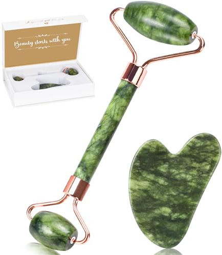 Alyvisun Natural Green Jade Gua Sha Set and Jade Roller,for Neck and Body Massage Tool, Facial Massage Board for Relieving Puffiness and Jawline Improving with User Manual, Skincare Gift for Women