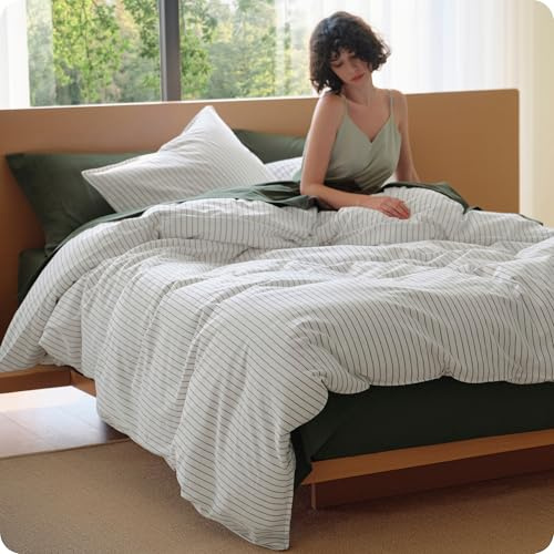 Bedsure Striped Duvet Cover Queen, 100% Washed Cotton Duvet Cover Linen‑Like, PureWoven with Reversible Yarn‑Dyed Design & Double‑Stitch Craft, 3-Piece with Zipper Closure, Stripes White, 90x90