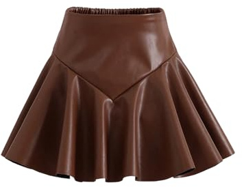 GORGLITTER Girl's Pleated Leather Skirt Cute Elastic High Waisted Preppy Flared A Line Skater Skirts Brown 10Y