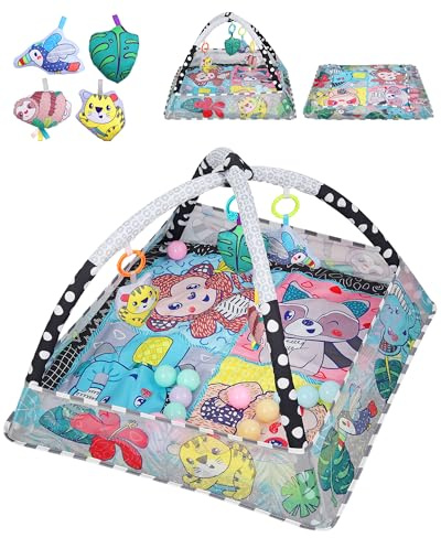 eSynic Gimnasio para Bebés Manta de Juegos Alfombra de Actividades con 18 Bolas Tapete de Gateo Lavable Parque Infantil con 5 Juguetes Colgantes Centro de Estimulacion Sensorial Fácil de Instalar