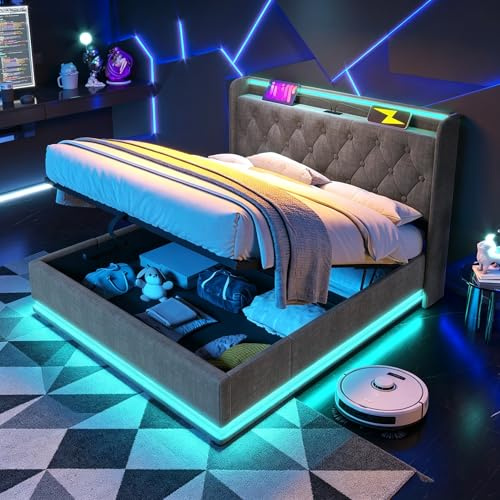 King Size Ottoman Bed Frame with Hydraulic Storage, 5ft Upholstered Platform Bed Frame with 360 Surround LED Lighting & Charging Station, Gas Lift Up Fabric Storage Bed with Slats, Grey, No Mattress