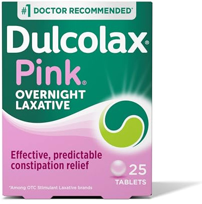 Dulcolax Pink Stimulant Laxative Tablets, Overnight Laxative, Predictable & Effective Constipation Relief, Relieves Straining & Bloating, Bisacodyl 5 mg, 25 Count