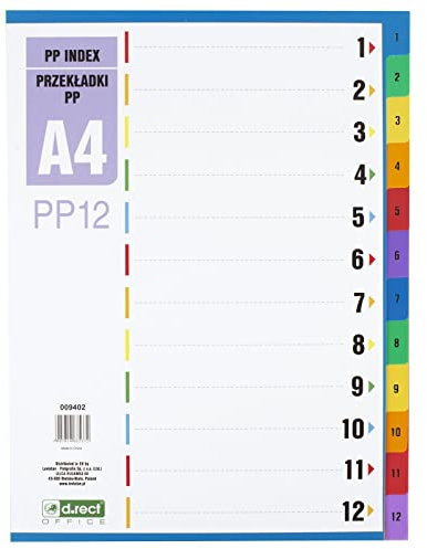 D.RECT Dividers for A4, PP12, 12 dividers, Ring Binder Index, tabs with Number Print 1-12, Multicoloured, Colour Divider Made of Polypropylene, Polypropylene