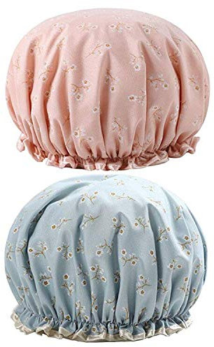 G2PLUS 32CM Large Shower Caps, 2PCS Reusable Bath Caps for Women, Elastic Shower Hats for Long Hair, Double Layers Bath Hats for Adults Long Hair