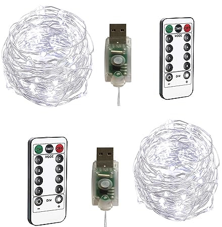BXROIU 2 X100LEDs Luci a Stringa su 10metri Micro filo d'argento,Spina USB con Telecomando 8 programma (bianco freddo)