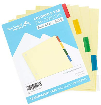Blue Summit Supplies 5-Tab Binder Dividers, Manila Paper with Insertable Colored Plastic Tabs, Reinforced 3 Ring Dividers with Perforated Paper Tab Inserts, 6 Sets