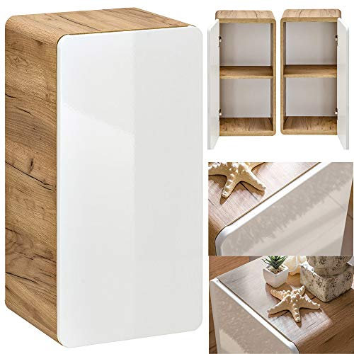 Lomadox Badezimmer Unterschrank hängend Hochglanz weiß, Wotan Eiche Nb., 1-türig, B/H/T ca. 35/68/32 cm