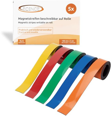 ECENCE Cintas magnéticas para escribir - 5 Rollos - Tiras magnéticas reutilizables - Etiquetas magnéticas en rollo para el hogar, la oficina, la cocina 100x2cm