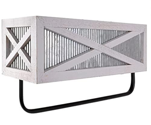 Autumn Alley Farmhouse Rustic Towel Rack Shelf Holder - Wood Towel Rack Basket Storage - Farmhouse Towel Holder for Rustic Bathroom and Farmhouse Kitchen Décor - Wall Mounted, Galvanized, Rustic White