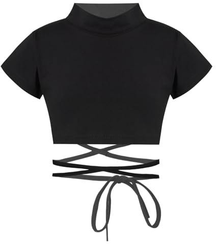 Freebily Enfant Fille T-Shirt A Manche Courte Col Montant Croisé Sangle Chemise Haut de Danse Hip Hop Jazz Sport Crop Tops Workout Gymnastics Ballet Activewear Noir 10 Ans