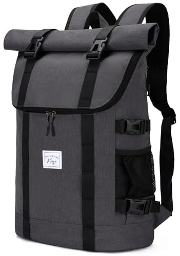 Kasgo Mochila Hombre Mochila Mujer, Enrollable Mochila Ordenador Portatil 15.6 Impermeable Vintage Mochila 26-33L Universidad Rolltop Mochilas Escolar Mochila Casual para Viajes Trabajo, Gris Claro