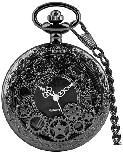 Tiong Gears Pocket Watch Vintage Hollow Steampunk Pocket FOB Watches with Chain for Men
