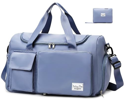 Hoseay Sportväska dam herr resväska med skofack och våtfack, Blau2, 50 x 21 x 28 cm, Sportväska med skofack och våtfack | Stor vikbar gymväska, vattentät simväska, lätt träningsväska, pojkar flickor duffelväska, sport fitness resor