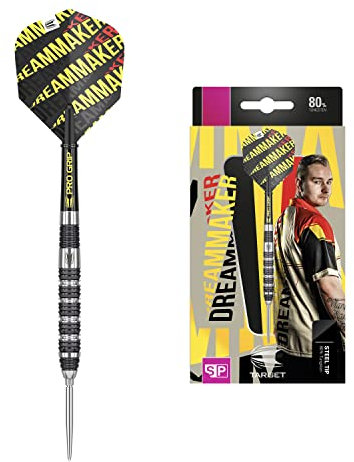 Target Darts Unisex-Adult Dimitri Van den Bergh Dream Maker 80% Wolfram Swiss Point Steeldarts-Set Dartpfeile, Schwarz, Gelb and Roter, 24G