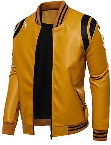 chuida Slim Fit Men's Stand Collar Leather Jacket Motorcycle Lightweight Faux PU Faux Leather Zip Up Bomber Coat Men Casual Outwear (as1, alpha, l, regular, regular, Yellow)