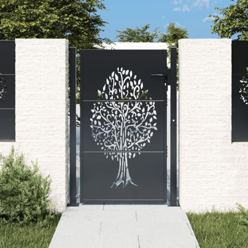 Homgoday Garden Gate, Metal Gate, Garden Gate, Fence Door, Entrance Gate, Yard Gate, Single Gate, Double Gate, Garden Fence, Anthracite, 105 x 155 cm, Steel Tree Design