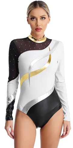 TTAO Damen Glänzende Ballettanzug Ballettbody Sport Tanz Body Gymnastikanzug Trikot Langarm Bodysuit Metallic Einteiler Turnanzug Leotards Weiß M
