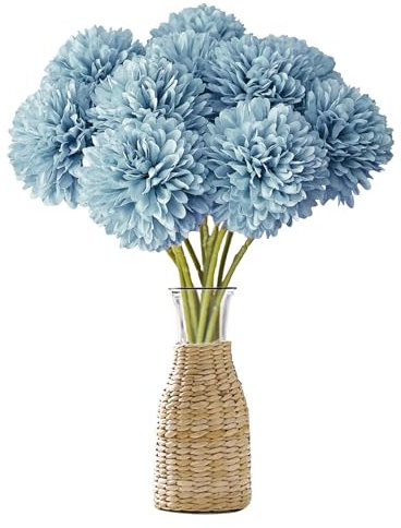 Wekuw Kunstblumen, 12 Stück Künstliche Hortensie Blumens Seide Pompon Chrysantheme Kugel Blumen Deco Hortensien Künstliche Pflanzen Unechte Blumens, für Hochzeits Deco, Heimdeko, Büro (Blau)