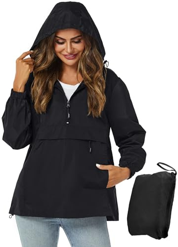 Avoogue Lightweight Rain Jackets For Women Waterproof Packable Raincoat For Women Pullover Black L