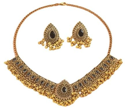 Set di gioielli da sposa indiani tradizionali boemia per donne e ragazze argento antico ossidato collana orecchini pompon bollywood girocollo punk cristallo regalo trendy, 36 millimètres, Metallo