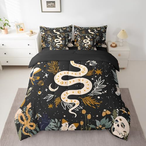 Erosebridal Boho Snake Comforter Set Queen 7 Piece Galaxy Sun Moon Stars Bed in A Bag for Kids Adults,Gothic Butterfly Moth Skull Bedding Set Bohemian Animal Botanical Sheet Set with Comforter