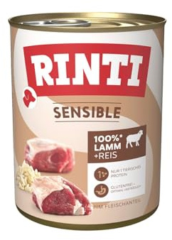 RINTI - Sensible | Comida húmeda para Perros Adultos sensibles con trozos Naturales de Carne. Alimento Completo sin Cereales en Lata sin aditivos Artificiales | 6 x 800 g Cordero + arroz
