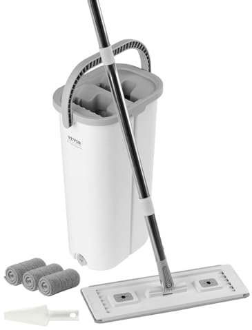 VEVOR Mop and Bucket with Wringer Set, Wet & Dry Use, Flat Mop and Bucket System with 3 Washable Microfiber Pads, Flat Mop with Stainless Steel Handle, Mop Bucket Set for Hardwood Tile Vinyl