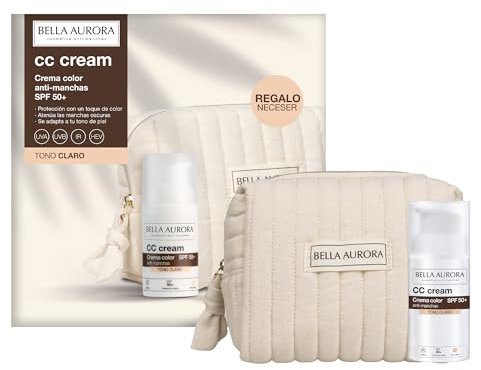 BELLA AURORA Pack CC Cream Anti-manchas SPF 50+ Tono Claro 30ml + Neceser Regalo | Protección Alta UVA UVB IR HEV | Toque de Color que Unifica y Atenúa Manchas